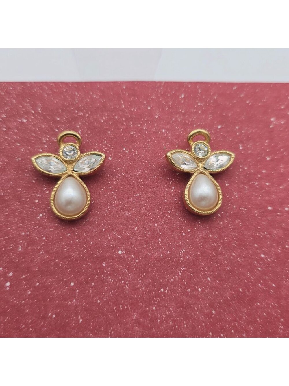 Avon Angel Earrings Gold-Tone & Faux Pearl With Clear Crystal Accents 1"